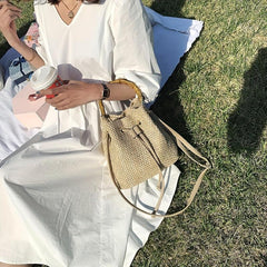 Bamboo Handle Straw Bucket Bag for Women