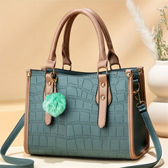 Stone Embossed Tote Bag Crossbody Bag With Pompom