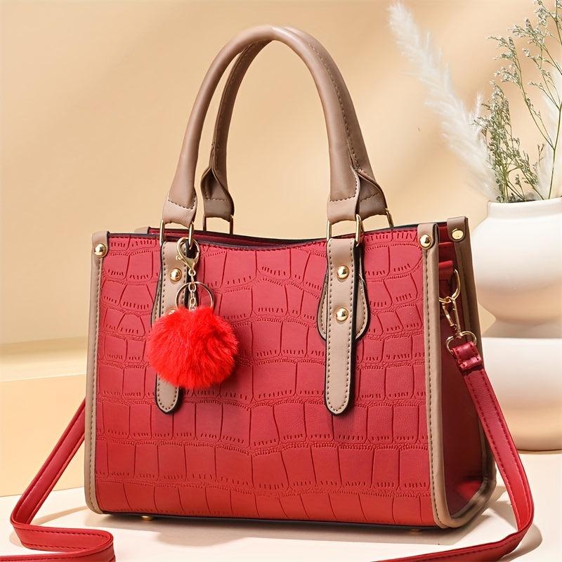 Stone Embossed Tote Bag Crossbody Bag With Pompom