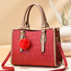 Stone Embossed Tote Bag Crossbody Bag With Pompom