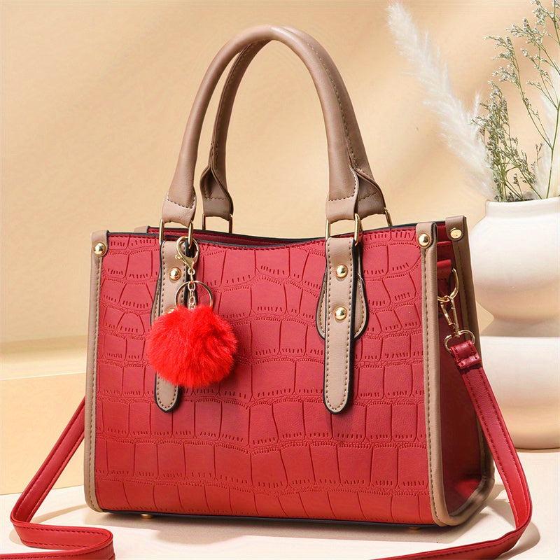 Stone Embossed Tote Bag Crossbody Bag With Pompom