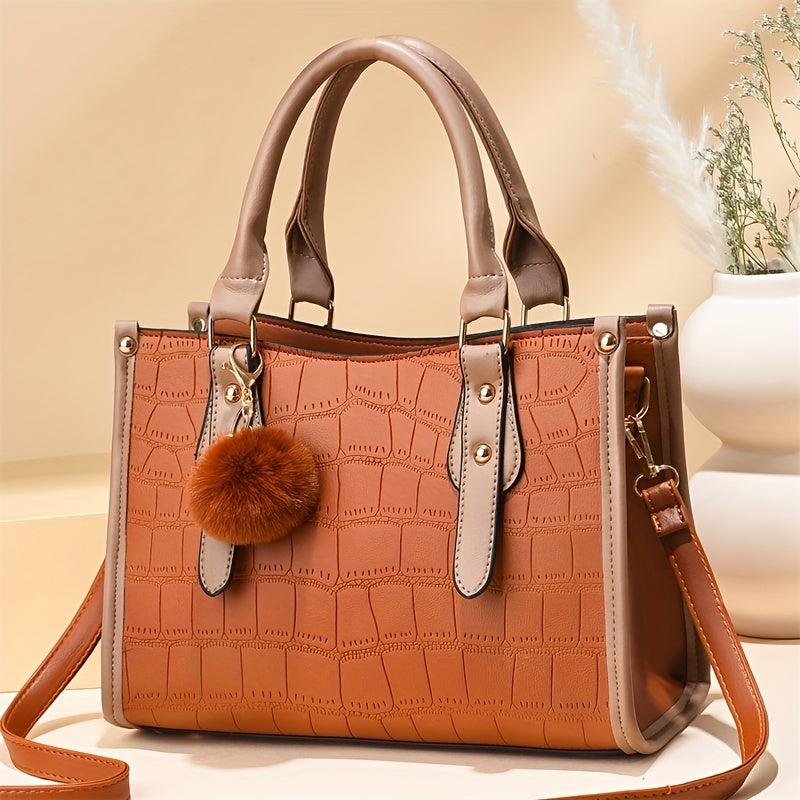 Stone Embossed Tote Bag Crossbody Bag With Pompom