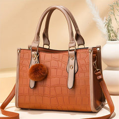 Stone Embossed Tote Bag Crossbody Bag With Pompom