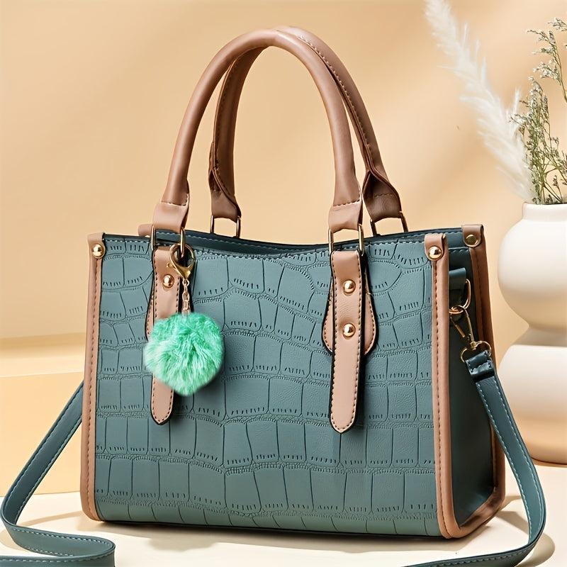 Stone Embossed Tote Bag Crossbody Bag With Pompom