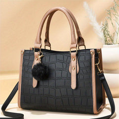 Stone Embossed Tote Bag Crossbody Bag With Pompom