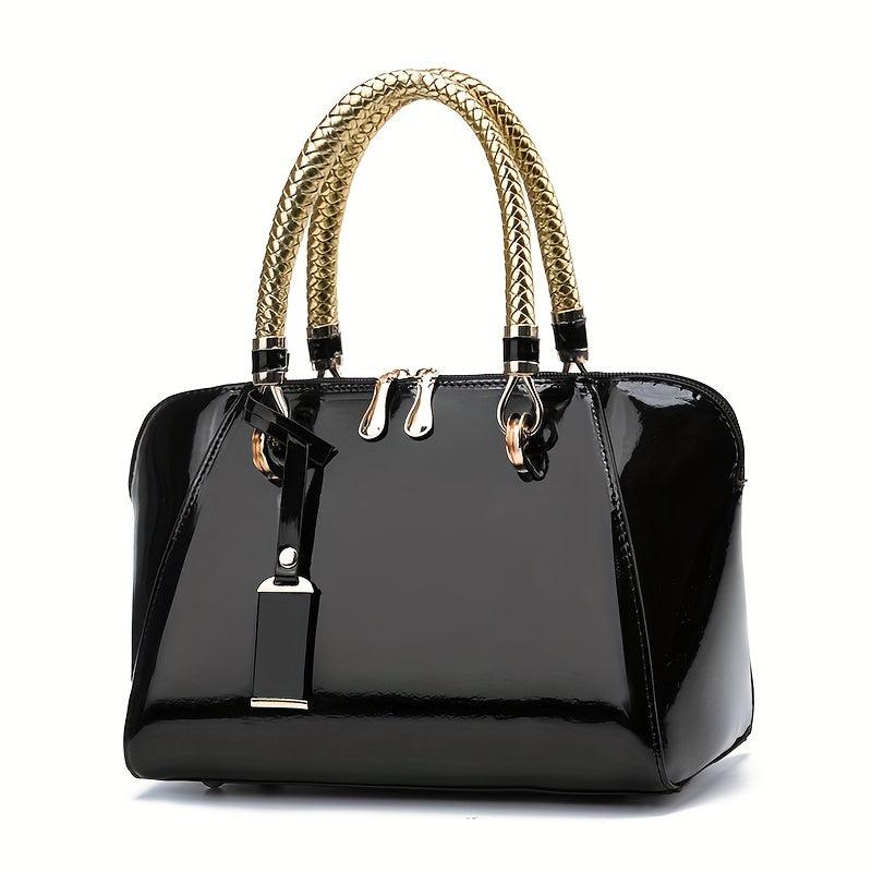 Small Top Handle Glossy Tote Bag PU Leather Textured Shoulder Bag