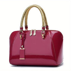 Small Top Handle Glossy Tote Bag PU Leather Textured Shoulder Bag