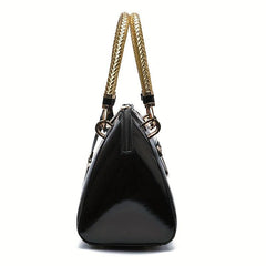 Small Top Handle Glossy Tote Bag PU Leather Textured Shoulder Bag
