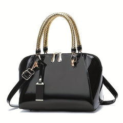 Small Top Handle Glossy Tote Bag PU Leather Textured Shoulder Bag