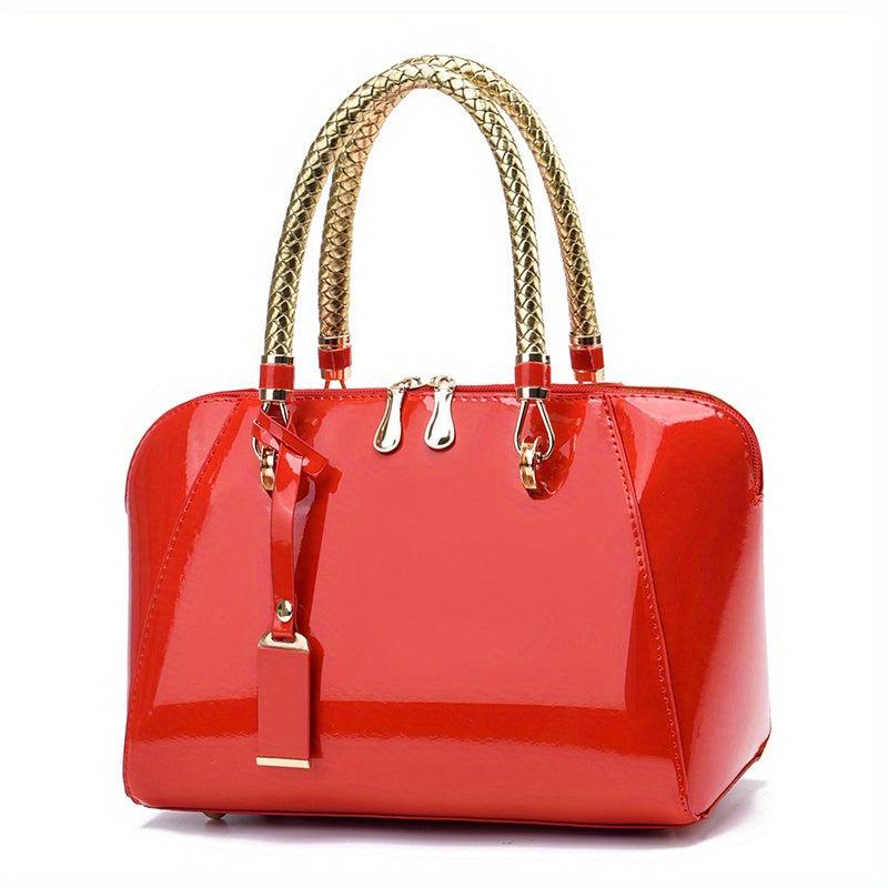 Small Top Handle Glossy Tote Bag PU Leather Textured Shoulder Bag