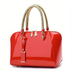 Small Top Handle Glossy Tote Bag PU Leather Textured Shoulder Bag