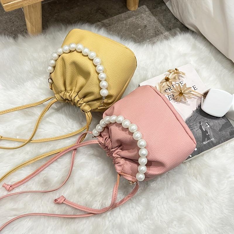 Faux Pearl Chain Bucket Bag Drawstring Crossbody Cloud Handbag