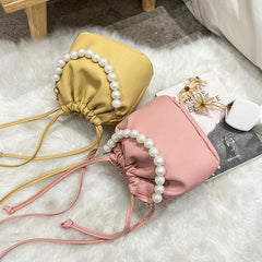 Faux Pearl Chain Bucket Bag Drawstring Crossbody Cloud Handbag