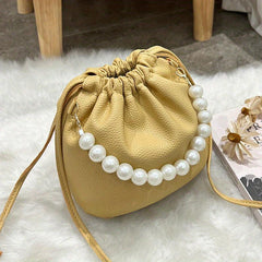 Faux Pearl Chain Bucket Bag Drawstring Crossbody Cloud Handbag