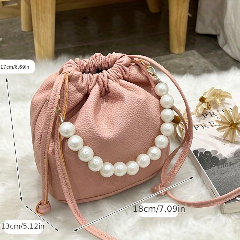 Faux Pearl Chain Bucket Bag Drawstring Crossbody Cloud Handbag