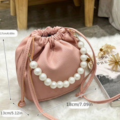 Faux Pearl Chain Bucket Bag Drawstring Crossbody Cloud Handbag