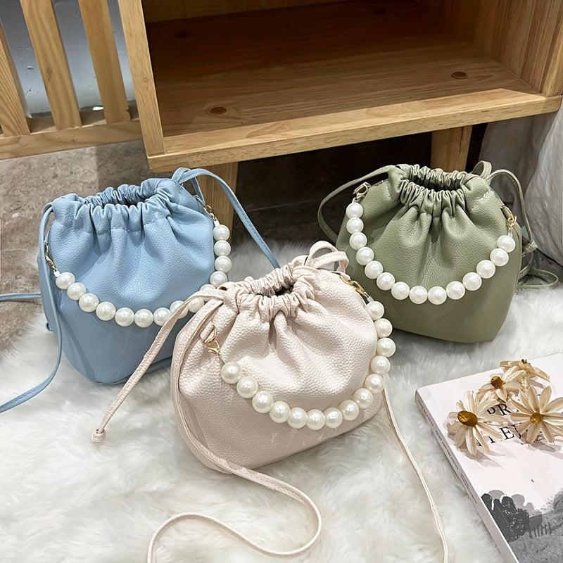 Faux Pearl Chain Bucket Bag Drawstring Crossbody Cloud Handbag