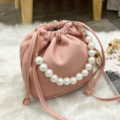 Faux Pearl Chain Bucket Bag Drawstring Crossbody Cloud Handbag