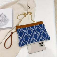 Rhombus Pattern Metal Chain Crossbody Bag PU Leather Wristlet Bag