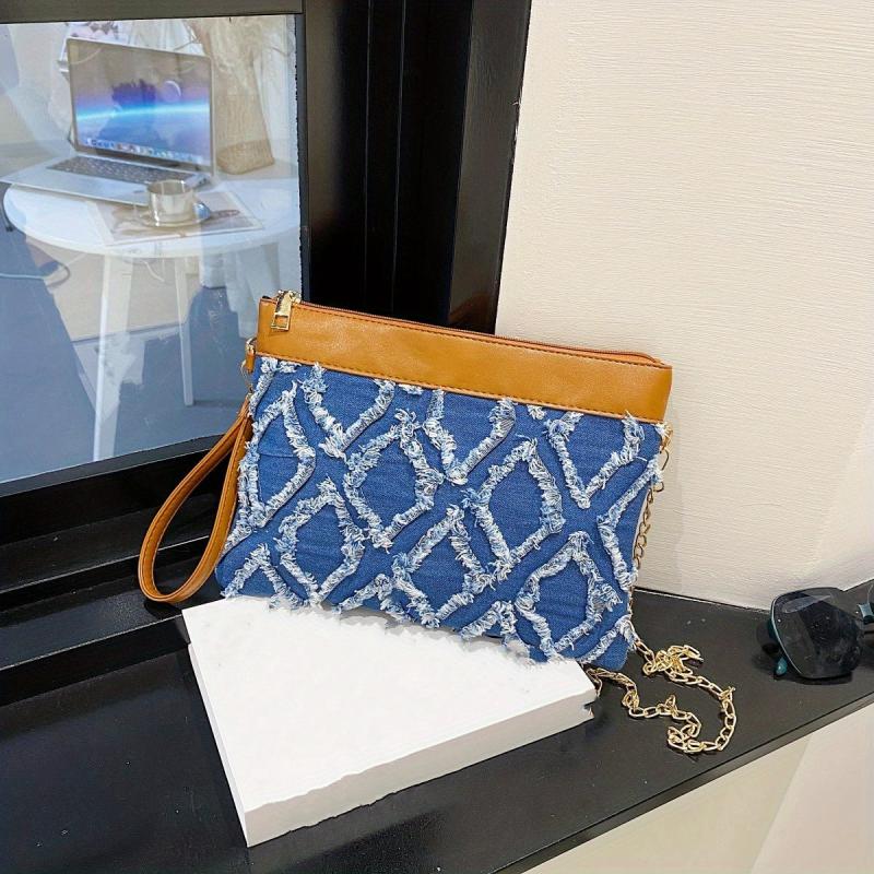 Rhombus Pattern Metal Chain Crossbody Bag PU Leather Wristlet Bag