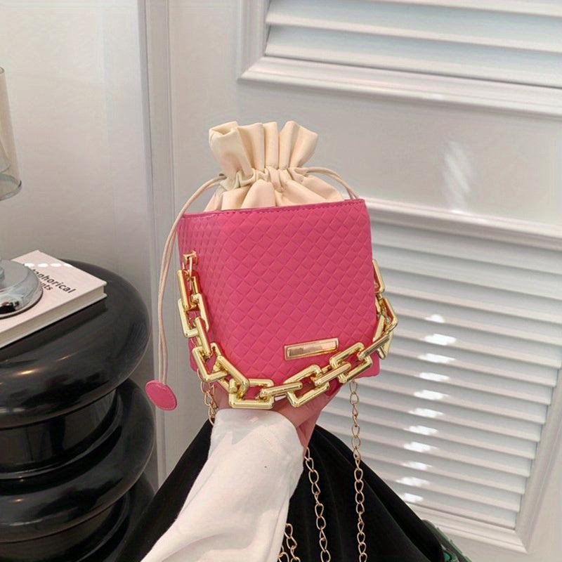 Argyle Embossed Mini Handbag Chain Strap Drawstring Shoulder Bag