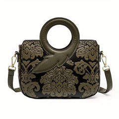 Flower Pattern Satchel Crossbody Bag PU Leather Textured Bag Purse