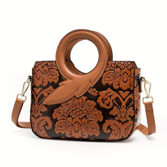 Flower Pattern Satchel Crossbody Bag PU Leather Textured Bag Purse