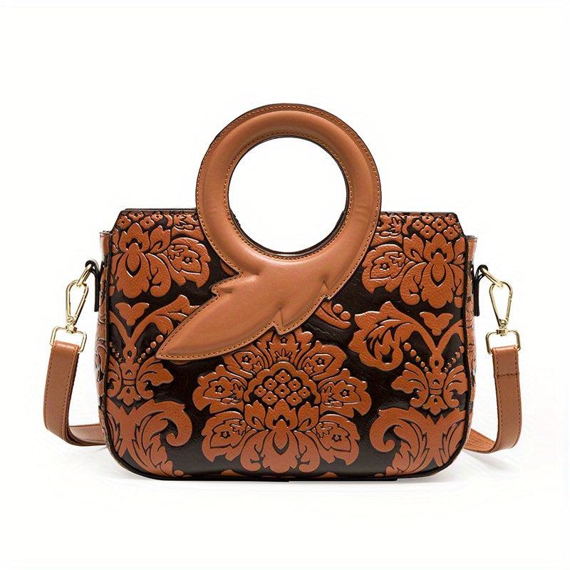 Flower Pattern Satchel Crossbody Bag PU Leather Textured Bag Purse