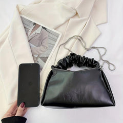 Pleated Handle Metal Chain Crossbody Bag PU Leather Textured Bag