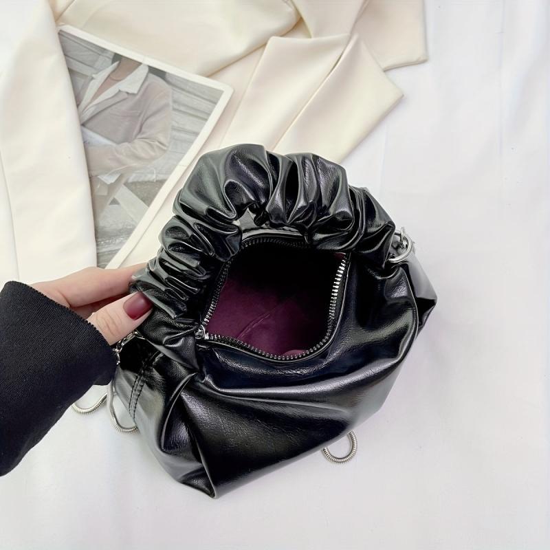 Pleated Handle Metal Chain Crossbody Bag PU Leather Textured Bag