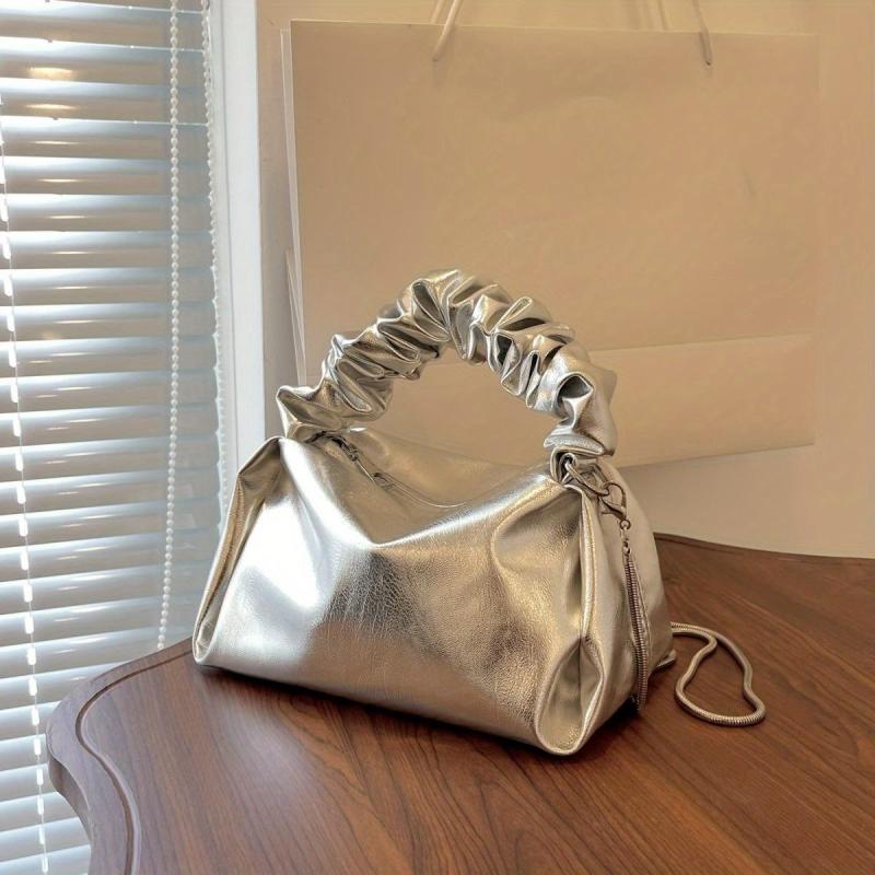 Pleated Handle Metal Chain Crossbody Bag PU Leather Textured Bag