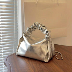 Pleated Handle Metal Chain Crossbody Bag PU Leather Textured Bag