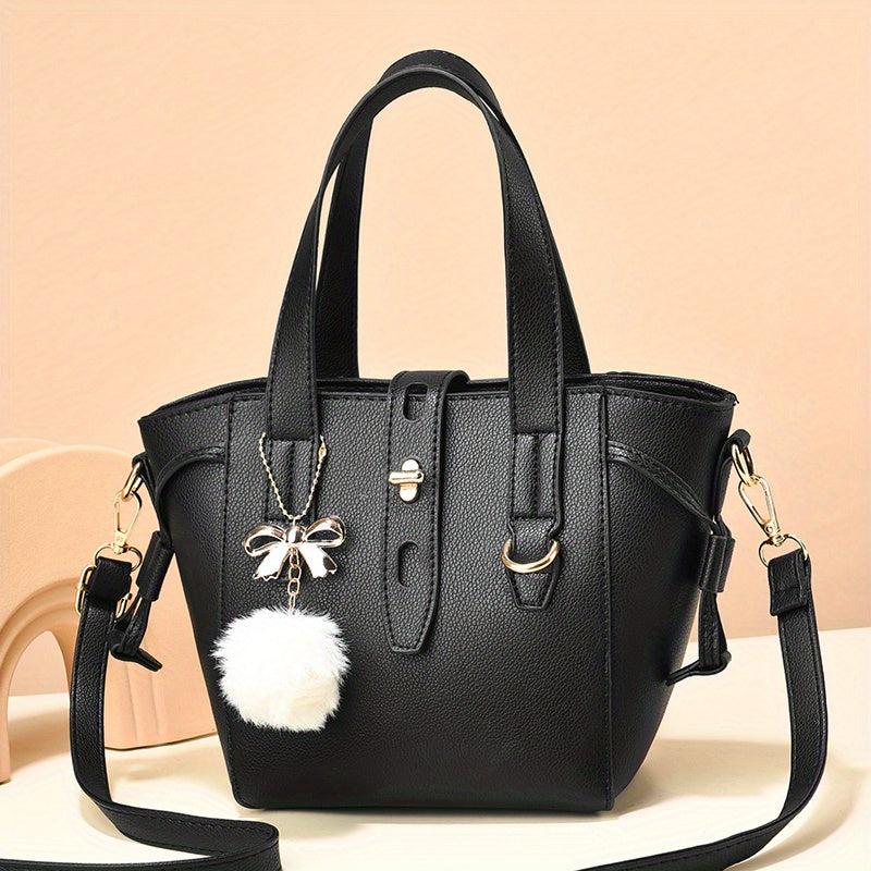 PU Leather Handbag Pompom Decor Crossbody Bag Women's Top Handle Purse