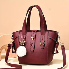 PU Leather Handbag Pompom Decor Crossbody Bag Women's Top Handle Purse