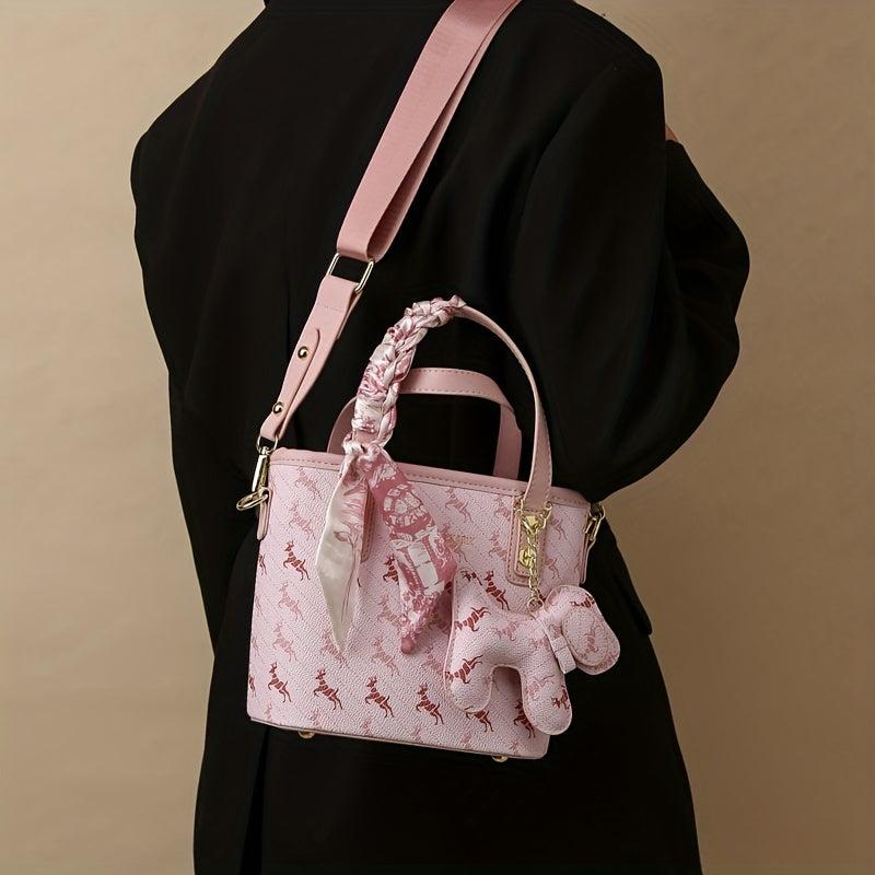 Vintage Crossbody Bag with Horse Pendant & Scarf