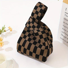 Checkerboard Plaid Crochet Bag Women's Knitted Fabric Wrist Bag