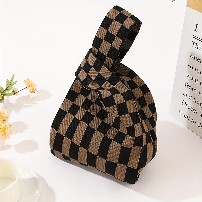 Checkerboard Plaid Crochet Bag Women's Knitted Fabric Wrist Bag