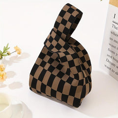 Checkerboard Plaid Crochet Bag Women's Knitted Fabric Wrist Bag