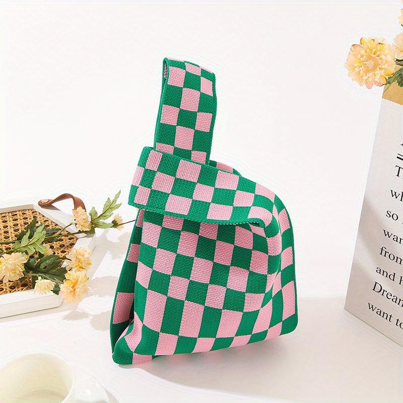 Checkerboard Plaid Crochet Bag Women's Knitted Fabric Wrist Bag
