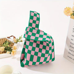 Checkerboard Plaid Crochet Bag Women's Knitted Fabric Wrist Bag