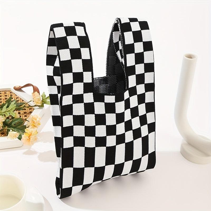 Checkerboard Plaid Crochet Bag Women's Knitted Fabric Wrist Bag