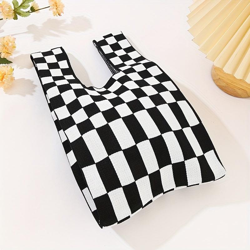Checkerboard Plaid Crochet Bag Women's Knitted Fabric Wrist Bag
