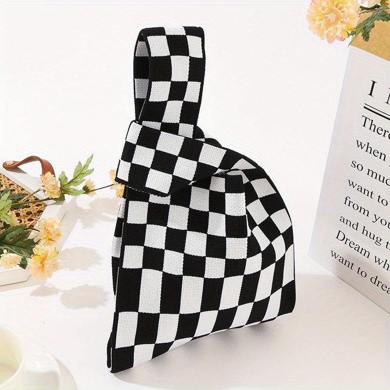 Checkerboard Plaid Crochet Bag Women's Knitted Fabric Wrist Bag