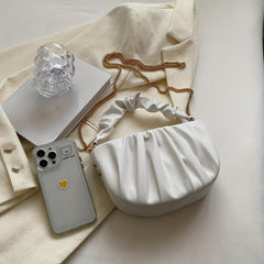 Pleated Metal Chain Half Moon Underarm Bag PU Leather Crescent Bag