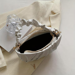 Pleated Metal Chain Half Moon Underarm Bag PU Leather Crescent Bag