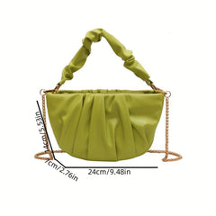 Pleated Metal Chain Half Moon Underarm Bag PU Leather Crescent Bag