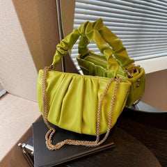 Pleated Metal Chain Half Moon Underarm Bag PU Leather Crescent Bag