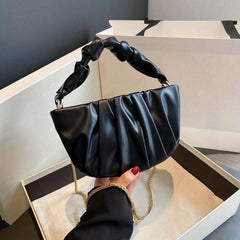 Pleated Metal Chain Half Moon Underarm Bag PU Leather Crescent Bag