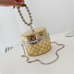 Beaded Handle Box Bag Plaid Pattern Cylinder Purse Chain Crossbody Bag