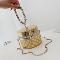 Beaded Handle Box Bag Plaid Pattern Cylinder Purse Chain Crossbody Bag